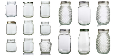 Collection of empty glass jars with metal lids isolated on transparent background