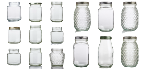 Collection of empty glass jars with metal lids isolated on transparent background