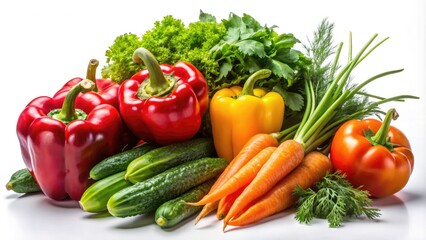 Vibrant arrangement of fresh vegetables including carrots, bell peppers, and cucumbers against a clean white background with subtle shadows and natural light.