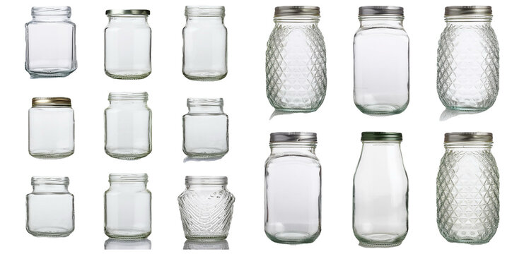 Collection of empty glass jars with metal lids isolated on transparent background