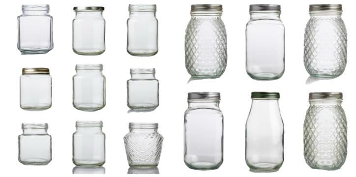 Collection of empty glass jars with metal lids isolated on transparent background