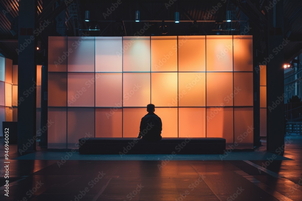Poster a person sits on a bench facing a wall with a plain background