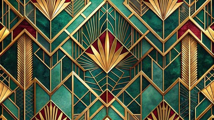 Vibrant Art Deco-inspired geometric pattern featuring golden leaf accents, bold jewel-toned colors, and intricate details, evoking opulence and luxury in a modern, sophisticated design.