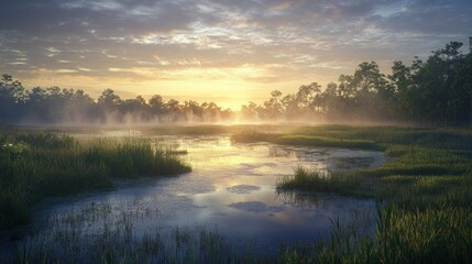 Fototapeta premium Misty Morning Sunrise Over a Serene Forest Lake