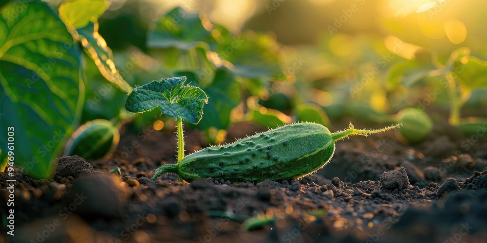 Canvas Prints close up of a single cucumber plant thriving in a greenhouse cucumber cultivation in a garden