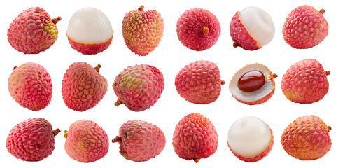 Assorted lychee fruits whole and cut open showing flesh isolated on transparent background