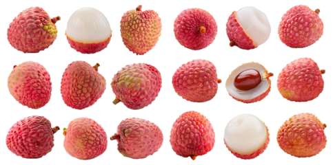 Assorted lychee fruits whole and cut open showing flesh isolated on transparent background
