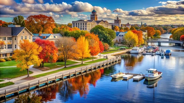 Vibrant autumn foliage surrounds the tranquil Fox River waterfront in Appleton, Wisconsin, featuring historic buildings, walking paths, and picturesque boat docks.