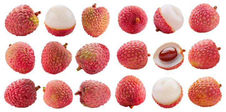 Assorted lychee fruits whole and cut open showing flesh isolated on transparent background