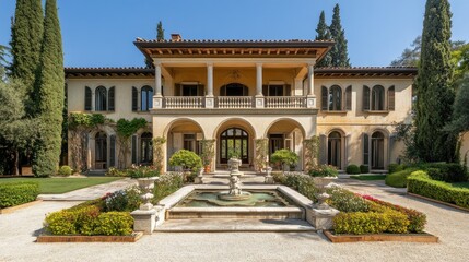 Fototapeta premium Luxury Villa with Fountain and Landscaping