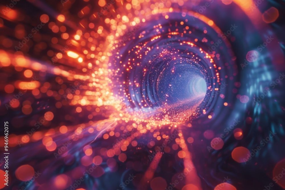 Poster a spiral tunnel with bright lights at the end, ideal for use in futuristic or sci-fi scenes