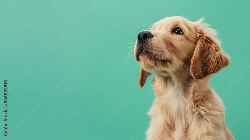 Canvas Prints a cute golden retriever puppy looking up against a soft green background.