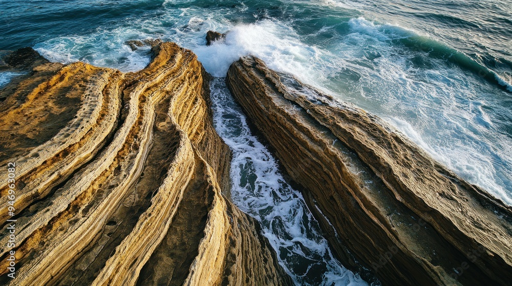 Sticker Ocean Waves Crashing Against Striated Rock Formations