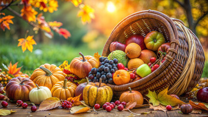 Autumn harvest basket with pumpkins and fruits spilling on a rustic table in a sunlit outdoor setting