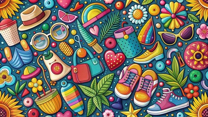 Naklejka premium Vibrant, colorful illustration of whimsical fashion accessories, patterned textiles, and playful icons, blending trendy style with carefree joy and creative expression.