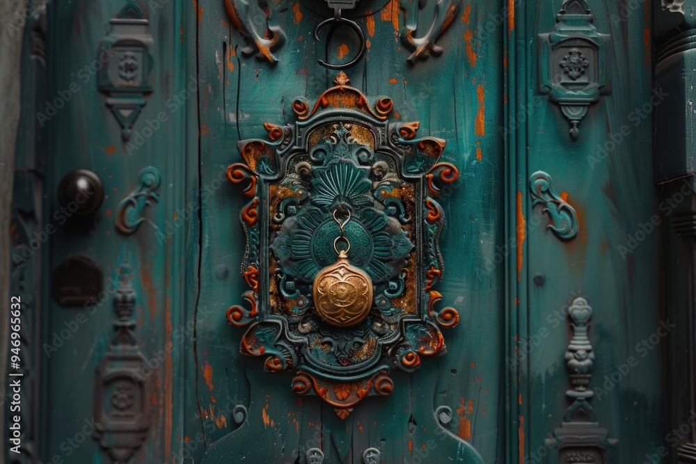 Poster a close-up view of a green door's handle, suitable for use in architectural or design-focused images