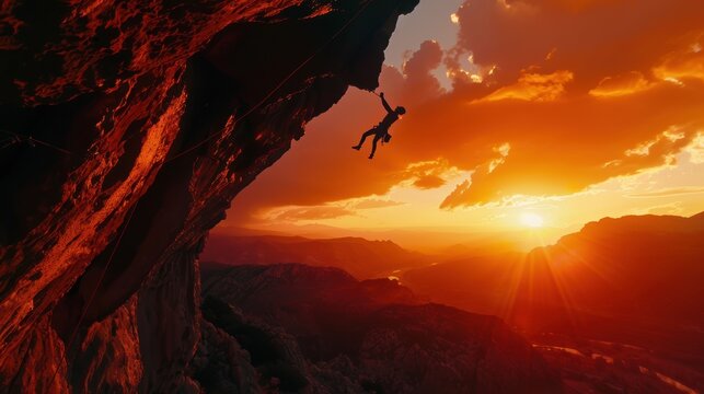 Climber hanging from cliff face during sunset over mountains