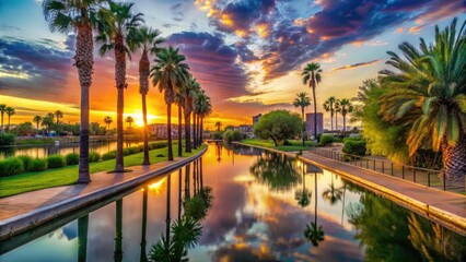 Obraz premium Vibrant colors illuminate the Arizona Canal Trail at sunset, showcasing Tempe's serene natural beauty amidst lush greenery and towering palm trees.