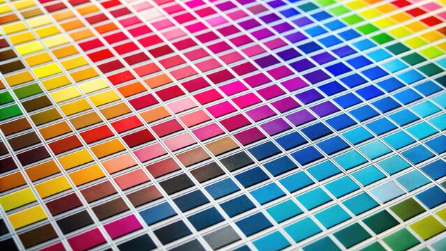 Vibrant color swatches of cyan, magenta, yellow, and key/black on a white background, arranged in a grid with precise registration marks for printing accuracy.