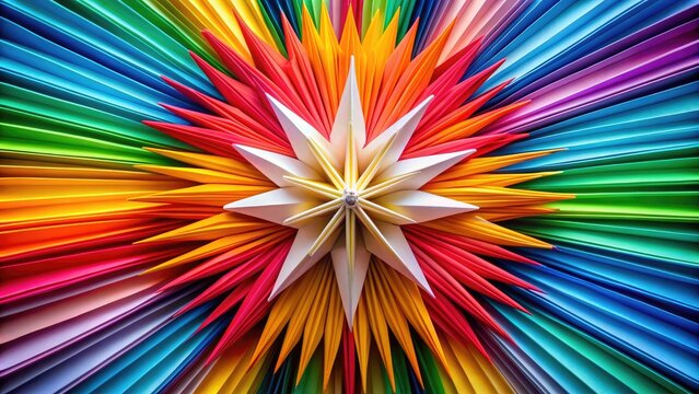 Vibrant colours explode in a abstract background as a delicate origami star, intricately folded from white paper, shines brightly at its centre, radiating elegance.