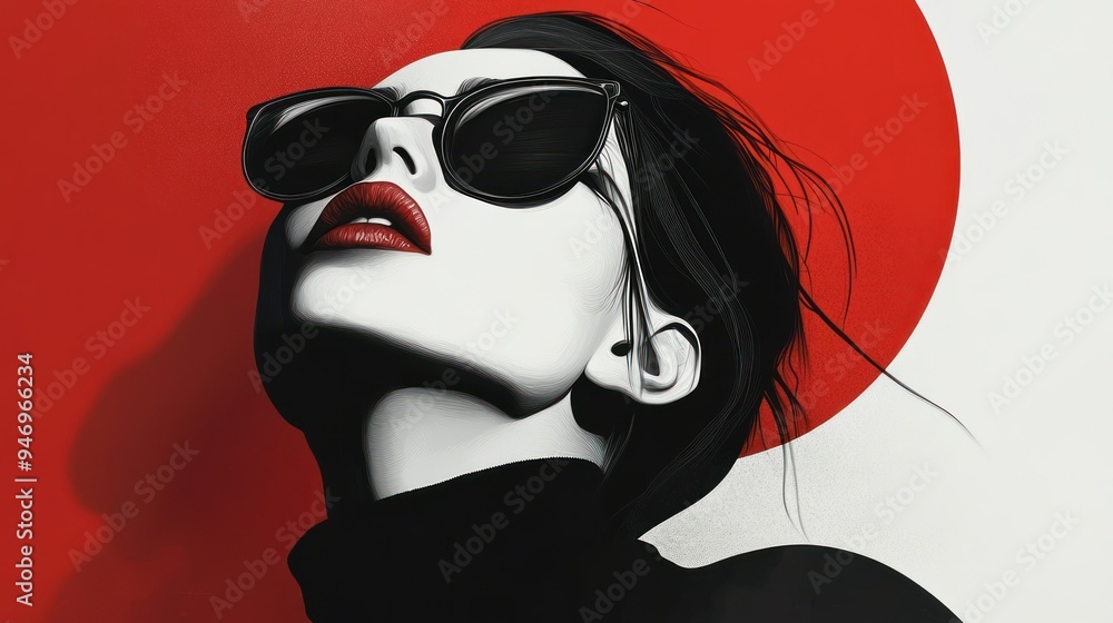 Canvas Prints Woman in Sunglasses Tilting Head Up with Red Circle Background