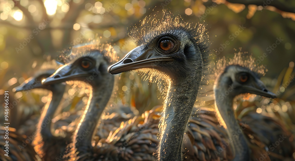 Canvas Prints A close-up of several ostriches with detailed feathers and expressive eyes, set in a natural environment.