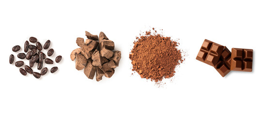 Chocolate ingredient. Cocoa beans, Cocoa mass, Cocoa powders and chocolate on white background. Top view