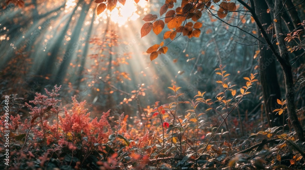 Poster sunbeams break through the trees, illuminating a vibrant autumn forest with colorful leaves and crea