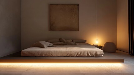 Modern Minimalist Bedroom with Platform Bed and Warm Lighting