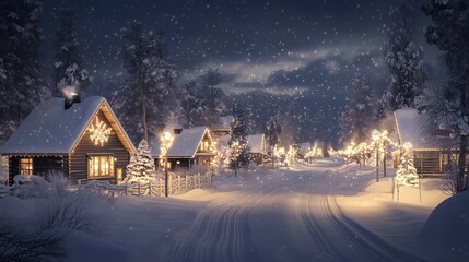 Winter wonderland with snow-covered cottages and festive lights illuminating a quiet forest road at night