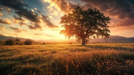 Fototapeta premium A breathtaking sunset illuminates a solitary tree in a vast golden field, creating a serene and picturesque landscape..