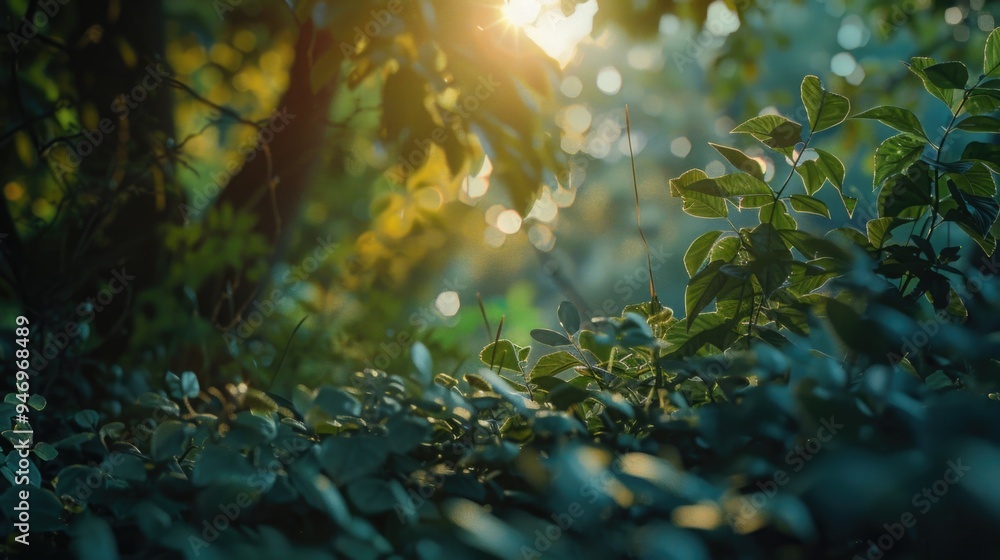 Poster a sunny day with warm light shining through the leaves of a tree