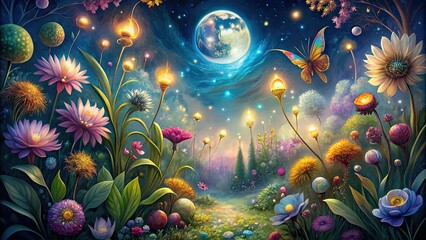 Vibrant, fantastical illustration of a lush, moonlit garden filled with sparkling fireflies, towering flowers, and delicate, winged creatures amidst a swirling mist of magic.