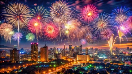 Vibrant fireworks explode in the night sky, casting a kaleidoscope of colors amidst twinkling city lights, celebrating the dawn of a fresh new year.