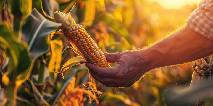 Close up of farmer s hand picking ripe dent corn in field focusing on hand and ear of corn