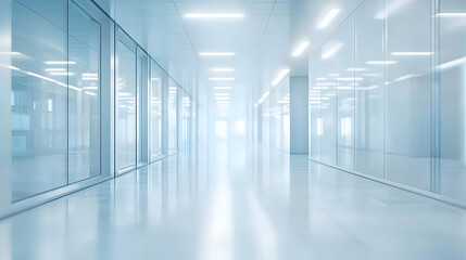 Modern Office Corridor with Glass Walls and Bright Lights