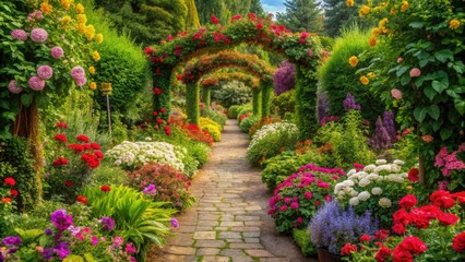 Naklejka premium Vibrant flowers and lush greenery adorn a picturesque garden pathway, evoking a sense of serenity and romance, perfect for capturing the essence of love in nature.