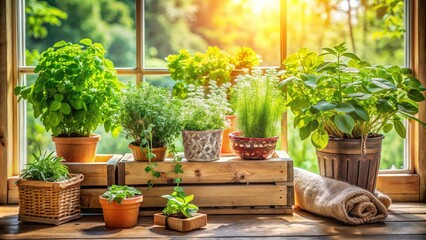 Vibrant fresh herbs thrive in a sunny indoor garden nestled on a windowsill, surrounded by rustic wooden crates and natural textiles, bursting with greenery.