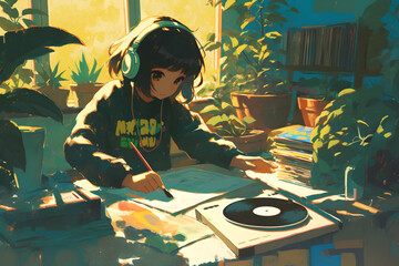 Artistic Girl painting on a canvas in a sunlit room filled with plants and vinyl records playing. Anime style, Cozy vibes