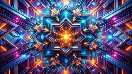 Vibrant, futuristic abstract design featuring intricate geometric patterns, metallic accents, and shimmering colors, evoking a sense of modernity, technology, and dynamic energy.