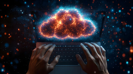 Hands Typing on Laptop with Glowing Cloud Symbol
