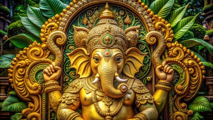 Vibrant golden statue of revered Hindu deity with elephant head and four arms, surrounded by intricately carved foliage and ornate decorative patterns.
