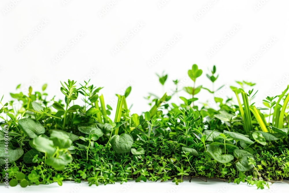 Poster A collection of green plants arranged neatly on a white surface, perfect for use in editorial or commercial settings where nature is the focus