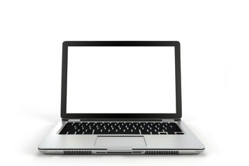 A laptop computer is opened on a white surface, ready for use