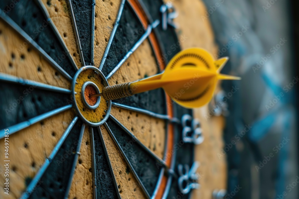 Poster A detailed view of a bright yellow dart stuck to a dartboard, perfect for highlighting the precision and accuracy of your target