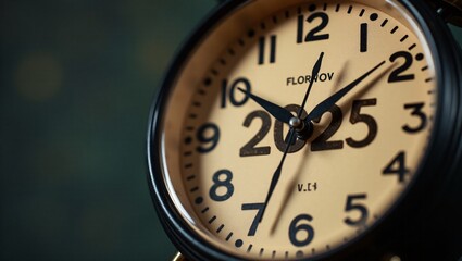 Countdown Clock to 2025, A close-up of a vintage clock striking midnight and the year 2025 in a stylish, bold font, capturing the moment of transition into the new year.