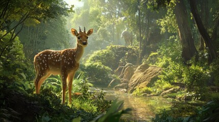 Spotted Fawn Stands by a Stream in a Lush Forest
