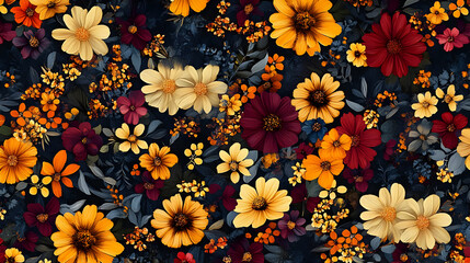 Colorful Floral Pattern with Yellow  Orange  and Red Flowers on Dark Blue Background