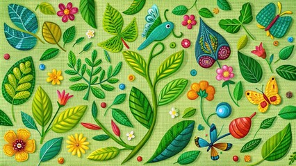 Vibrant green leaves with abstract, stylized icons of flowers, butterflies, and birds, woven together in a whimsical, hand-drawn design, perfect for eco-friendly branding.