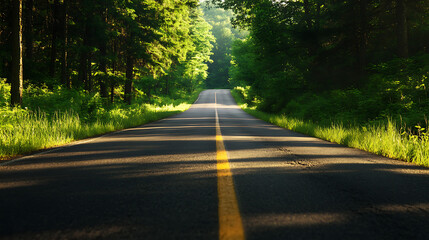 A paved road winds through a lush green forest, with sunlight streaming through the trees. The yellow line down the center of the road leads the eye toward the horizon.